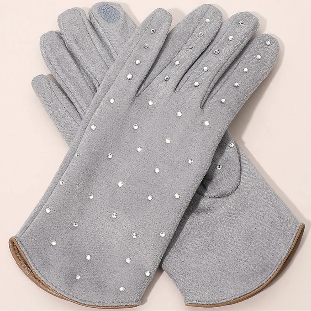Gray Rhinestone Smart Touch Fur Gloves Cute Statement Accessories Trendy